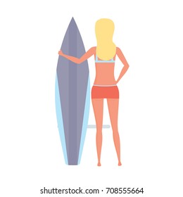 Summer vacation on sea and beach. Surfer girl stands with a board in her hand, her back to us, looking at the wave. Recreational beach water sport. Surf travel. Character person. 