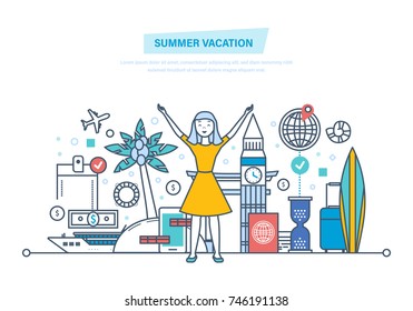Summer vacation on the sea and the beach, summer travel by plane and cruise on the liner, surfing. Rest in the tropics, travel around the world, in England, in Europe. Illustration thin line design.