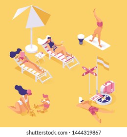 Summer vacation on seashore isometric illustration. People enjoying summertime holiday, relaxing and napping on sandy beach 3d concept. Hot day activities, sunbathing and working out