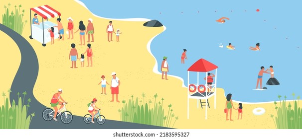 Summer vacation on the seashore people bathe. A lifeguard on a tower by the sea watches people. Father and daughter ride bikes on the bike path. Children eat ice cream. Flat vector illustration