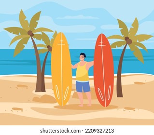 Summer vacation on south beach flat background with happy male character holding two surf boards vector illustration