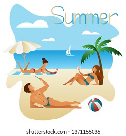 Summer vacation on a tropical beach. Young people are sunbathing on the beach with gadgets in their hands. Flat design template, vector illustration.

