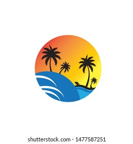 summer vacation on tropical beach Sunset label, with Palm trees ,vector illustration
