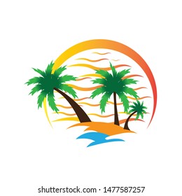 summer vacation on tropical beach Sunset label, with Palm trees ,vector illustration
