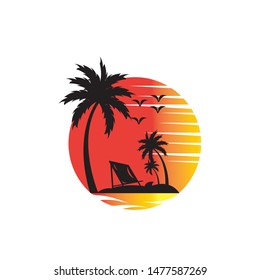 summer vacation on tropical beach Sunset label, with Palm trees ,vector illustration
