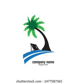 summer vacation on tropical beach Sunset label, with Palm trees ,vector illustration
