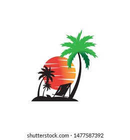 summer vacation on tropical beach Sunset label, with Palm trees ,vector illustration
