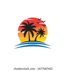 summer vacation on tropical beach Sunset label, with Palm trees ,vector illustration
