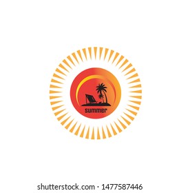 summer vacation on tropical beach Sunset label, with Palm trees ,vector illustration
