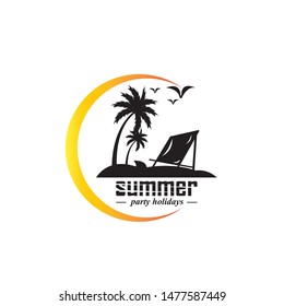summer vacation on tropical beach Sunset label, with Palm trees ,vector illustration
