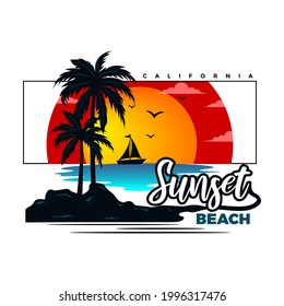 summer vacation on tropical beach Sunset label, with Palm trees ,vector illustration
