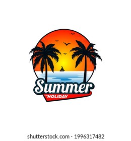 summer vacation on tropical beach Sunset label, with Palm trees ,vector illustration
