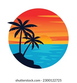 summer vacation on tropical beach Sunset label, with Palm trees , vector illustration
