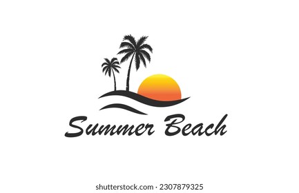 summer vacation on tropical beach Sunset label, with Palm trees ,vector illustration