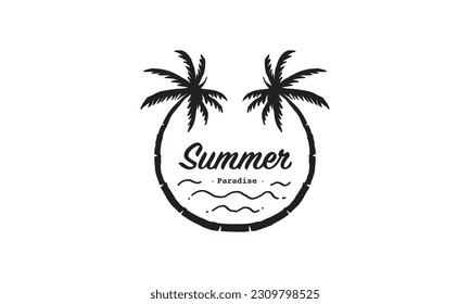 summer vacation on tropical beach Sunset label, with Palm trees ,vector illustration