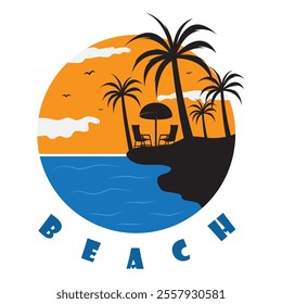 summer vacation on tropical beach Sunset label, with Palm trees ,vector illustration
