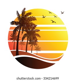 summer vacation on tropical beach Sunset, with Palm trees ,vector illustration