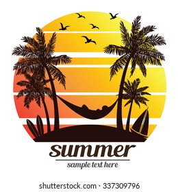 summer vacation on tropical beach Sunset with Palm trees ,vector illustration