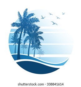 Summer Vacation On Tropical Beach Sunset, With Palm Trees ,vector Illustration