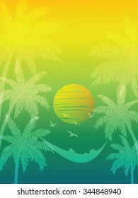 summer vacation on tropical beach Sunset background ,  with Palm trees 
