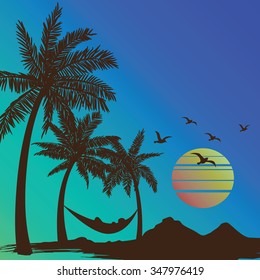 summer vacation on tropical beach Sunset with Palm trees background ,vector illustration