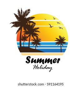 summer vacation on tropical beach Sunset label, with Palm trees ,vector illustration