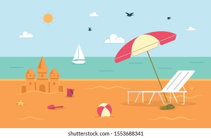 Summer Vacation on Tropical Resort, Recreation and Leisure on Seacoast, Beach Entertainments Flat Vector Background with Lounge Chair Under Umbrella, Sand Castle and Ball, Yacht in Sea Illustration