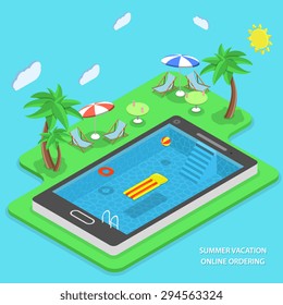 Summer Vacation Online Ordering Flat Isometric Vector Concept. Swimming Pool Inside Smartphone And Beach Resort Items Near It (palms, Beach Chair, Cocktail, Umbrella, Ball, Inflatable Ring, Air Bed).