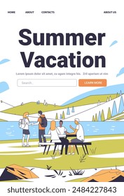 Summer vacation outdoor activities people nature scenic lake mountains picnic hiking minimalist line art website design