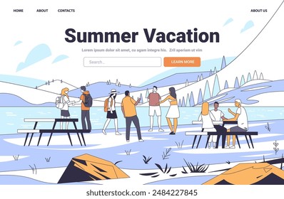 Summer vacation outdoor activities people hiking picnic. Group of people enjoying nature by a lake with mountains in the background. Website banner template