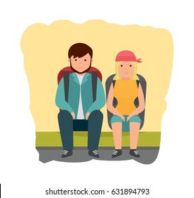 Summer vacation outdoor, camping and hiking. A young couple is resting on the sidelines, after walking on the city, with backpacks behind them. Modern vector illustration isolated in cartoon style.