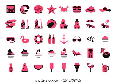 Summer vacation and outdoor on the beach stuff line elements for web. Set summer beach icons flat styles. 