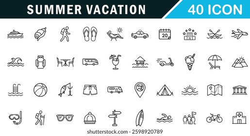 Summer Vacation outline editable icon set. sea, surfing, beach, hotel and more.