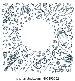 Summer vacation outline elements circle frame. Template design for card, cover, advertisement. Vector hand drawn doodle illustration. Black icons outlines isolated on white background.