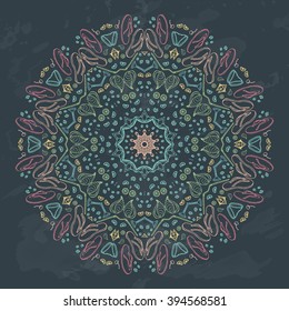 Summer vacation outline elements pattern mandala on chalkboard. Design for card, cover, t-shirt, drink coaster. Vector hand drawn illustration.