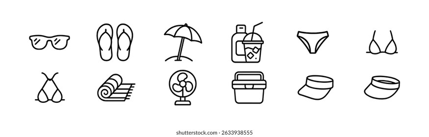 Summer vacation outline icon set - minimalist beach and travel essentials