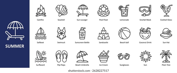 Summer Vacation Outline Icons – Vector Holiday Symbol Set. Summer Icon Set