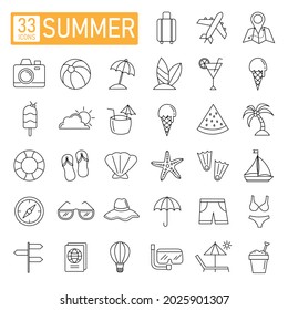 summer vacation outline set. travel holiday beach thin line sign. vector illustration in flat style modern design. isolated on white background.