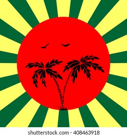 Summer vacation over lineal background vector illustration. Two palms and birds silhouette on circle.  Illustration for various ideas  in your design.