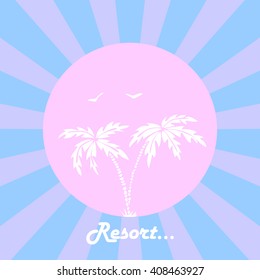 Summer vacation over lineal background vector illustration. Two palms and birds silhouette on circle. Executed in delicate summer colors. Illustration for various ideas  in your design.
