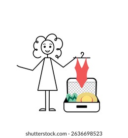 summer vacation packing list, cute curly girl is packing her suitcase for trip or travel, cartoon vector illustration