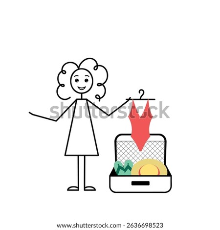summer vacation packing list, cute curly girl is packing her suitcase for trip or travel, cartoon vector illustration