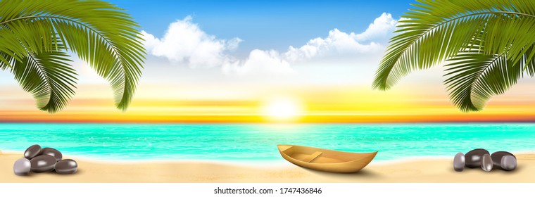 Summer vacation panorama. Tropical beach with a coco palm tree, blue ocean with a boat and sunset sky with clouds. Vector. 