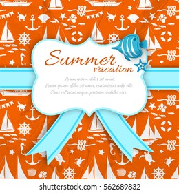 Summer vacation paper sign at orange seamless pattern background with sea symbols flat vector Illustration    