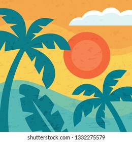 Summer vacation paradise - concept background for banner, poster, brochure, presentation. Vector illustration graphic design. Tropical nature creative decorative layout in vintage minimal style. 