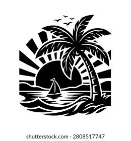 Summer vacation paradise landscape featuring exotic coconut tree sailing boat sunbeams and sea water ripples.