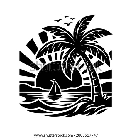 Summer vacation paradise landscape featuring exotic coconut tree sailing boat sunbeams and sea water ripples.