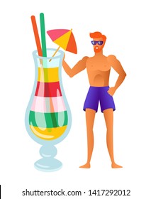 Summer vacation and partying vector, man with big cocktail. Beverage with layers, umbrella and straws, glass with alcoholic drink, shot for traveler