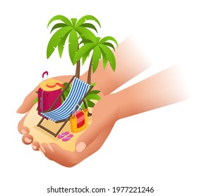 Summer vacation. Passenger airplane. Luxury vacation. Our travel destinations banner. It's Summer time. Summer party concept. Palm, trunk, sunscreen, sun glasses, beach chair