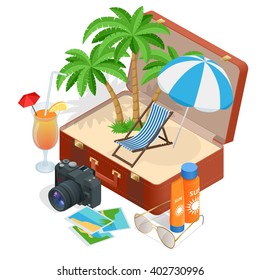 Summer vacation. Passenger airplane. Luxury vacation. Our travel destinations banner. Isometric elements for design. Palm, trunk, glass of juice, camera, photos, sunscreen, sun glasses, beach chair.